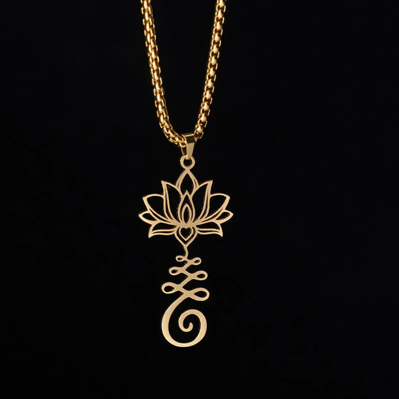 Fortune Jewel Chakra Symbol Irregular Design Lotus Stainless Steel Enlightenment Necklace Pendant Fortune Jewel