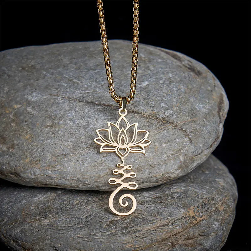 Fortune Jewel Chakra Symbol Irregular Design Lotus Stainless Steel Enlightenment Necklace Pendant Fortune Jewel