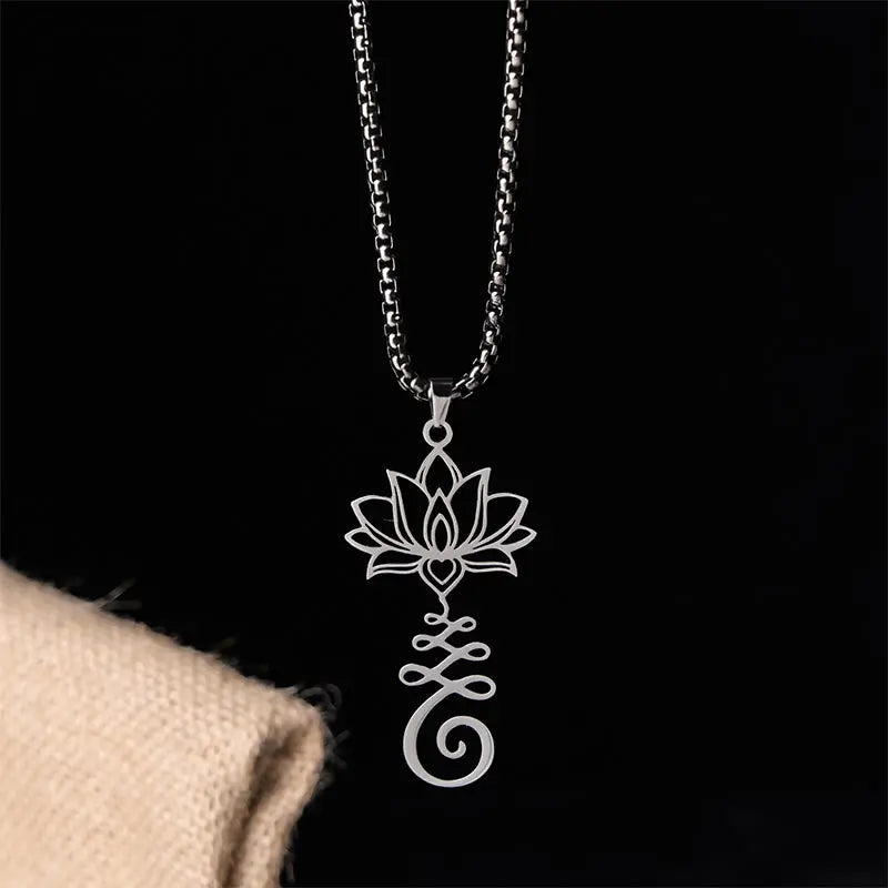Fortune Jewel Chakra Symbol Irregular Design Lotus Stainless Steel Enlightenment Necklace Pendant Fortune Jewel