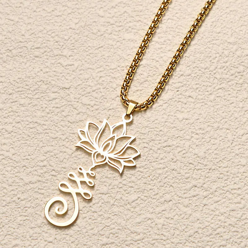 Fortune Jewel Chakra Symbol Irregular Design Lotus Stainless Steel Enlightenment Necklace Pendant Fortune Jewel