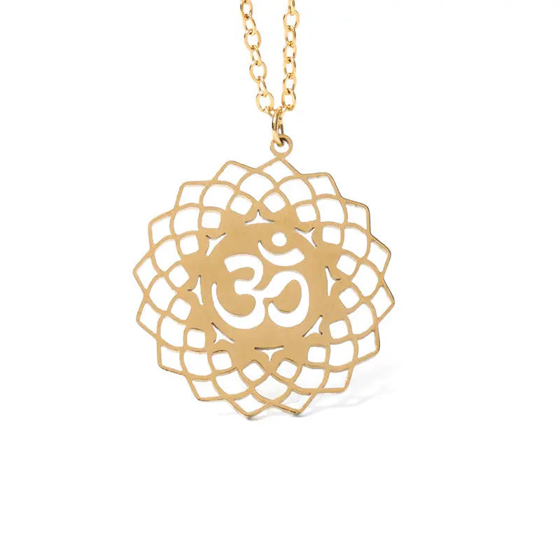 Fortune Jewel Hollow Lotus Design Om Symbol Stainless Steel Connection Necklace Pendant Fortune Jewel