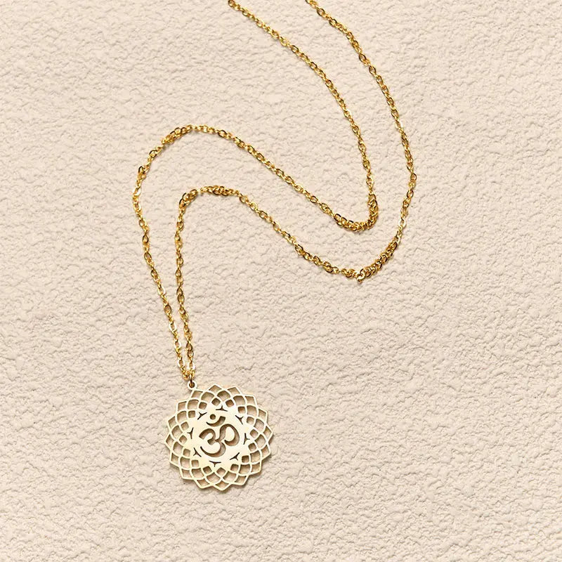 Fortune Jewel Hollow Lotus Design Om Symbol Stainless Steel Connection Necklace Pendant Fortune Jewel