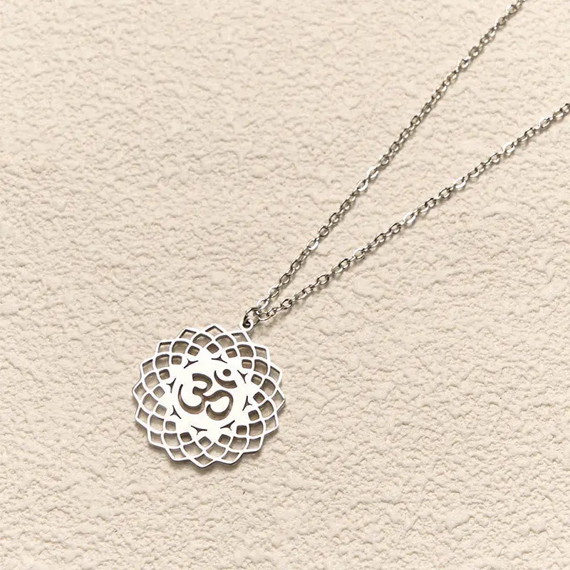 Fortune Jewel Hollow Lotus Design Om Symbol Stainless Steel Connection Necklace Pendant Fortune Jewel