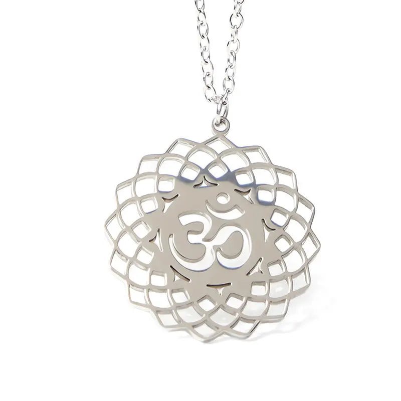 Fortune Jewel Hollow Lotus Design Om Symbol Stainless Steel Connection Necklace Pendant Fortune Jewel