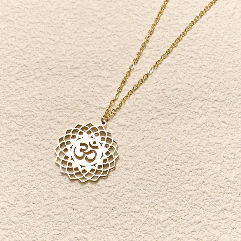 Fortune Jewel Hollow Lotus Design Om Symbol Stainless Steel Connection Necklace Pendant Fortune Jewel