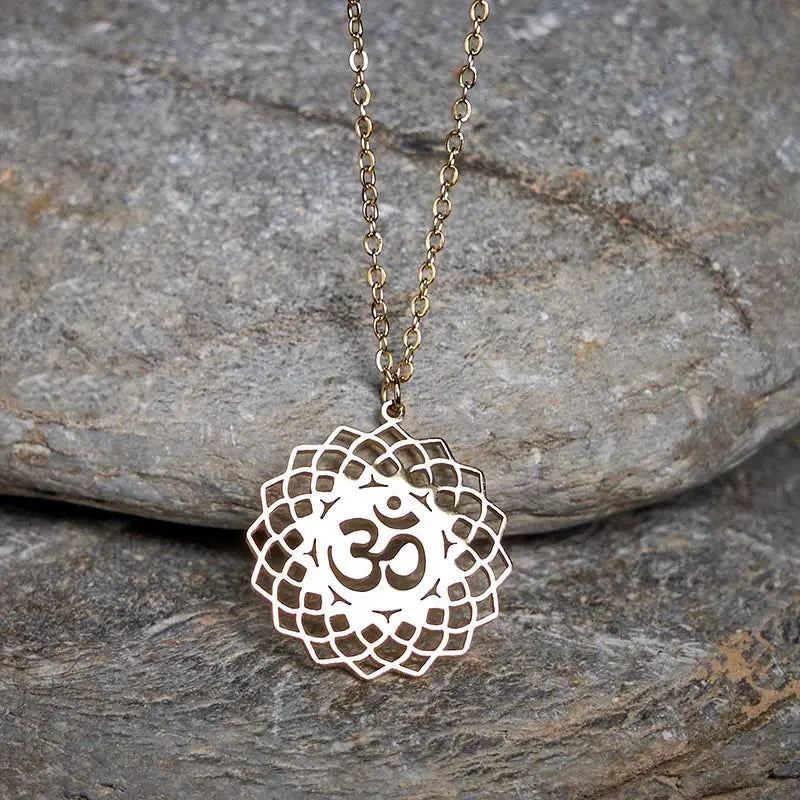 Fortune Jewel Hollow Lotus Design Om Symbol Stainless Steel Connection Necklace Pendant Fortune Jewel
