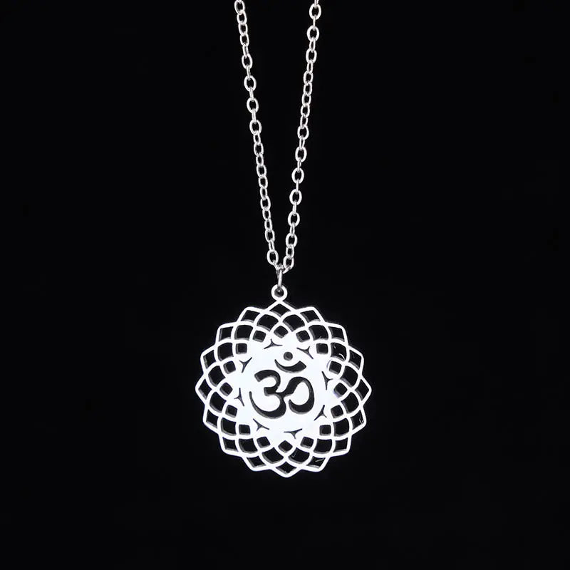 Fortune Jewel Hollow Lotus Design Om Symbol Stainless Steel Connection Necklace Pendant Fortune Jewel