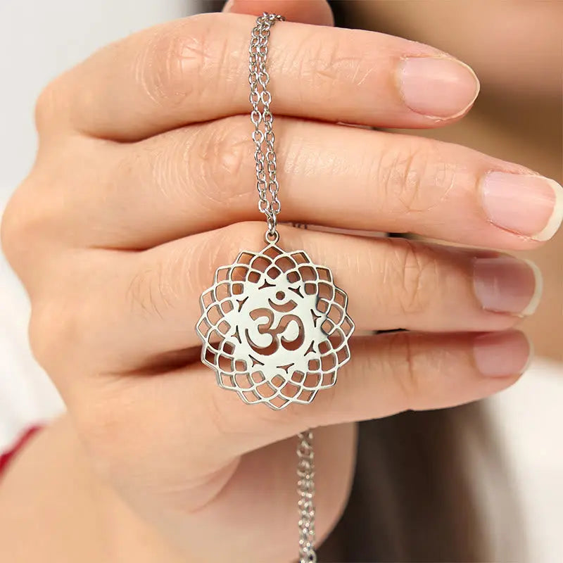 Fortune Jewel Hollow Lotus Design Om Symbol Stainless Steel Connection Necklace Pendant Fortune Jewel