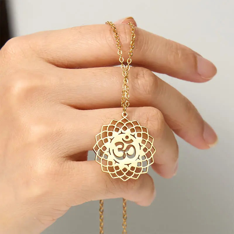 Fortune Jewel Hollow Lotus Design Om Symbol Stainless Steel Connection Necklace Pendant Fortune Jewel