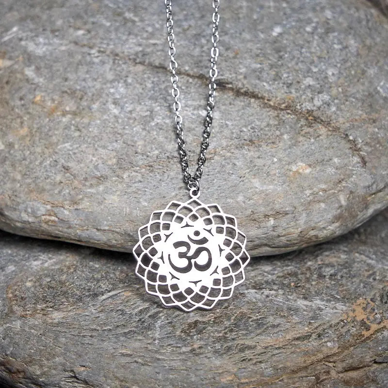 Fortune Jewel Hollow Lotus Design Om Symbol Stainless Steel Connection Necklace Pendant Fortune Jewel