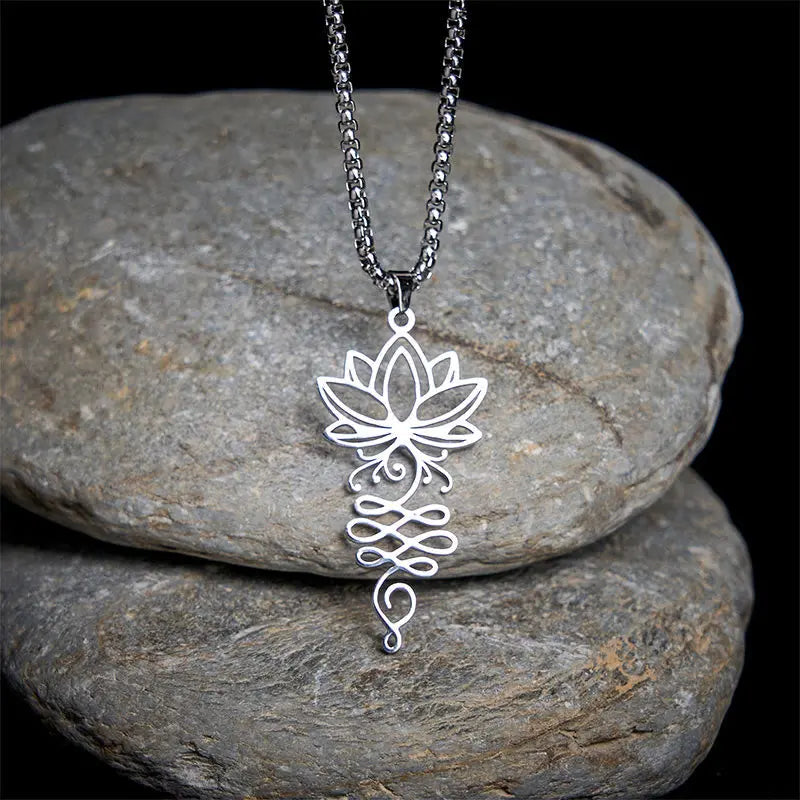 Fortune Jewel Lotus Vines Design Chakra Symbol Stainless Steel Enlightenment Necklace Pendant Fortune Jewel