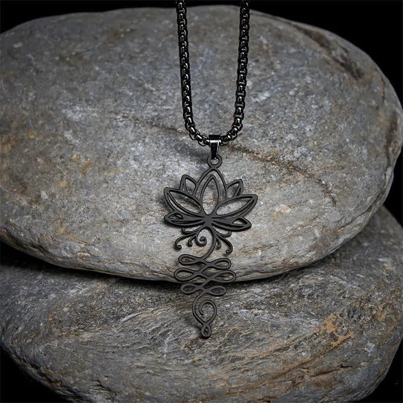 Fortune Jewel Lotus Vines Design Chakra Symbol Stainless Steel Enlightenment Necklace Pendant Fortune Jewel