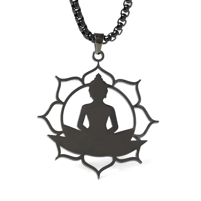 Fortune Jewel Vintage Lotus Sitting Buddha Design Stainless Steel Enlightenment Necklace Pendant Fortune Jewel