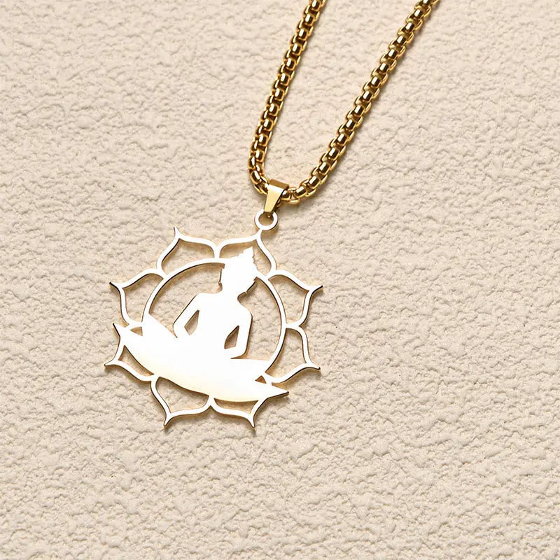 Fortune Jewel Vintage Lotus Sitting Buddha Design Stainless Steel Enlightenment Necklace Pendant Fortune Jewel