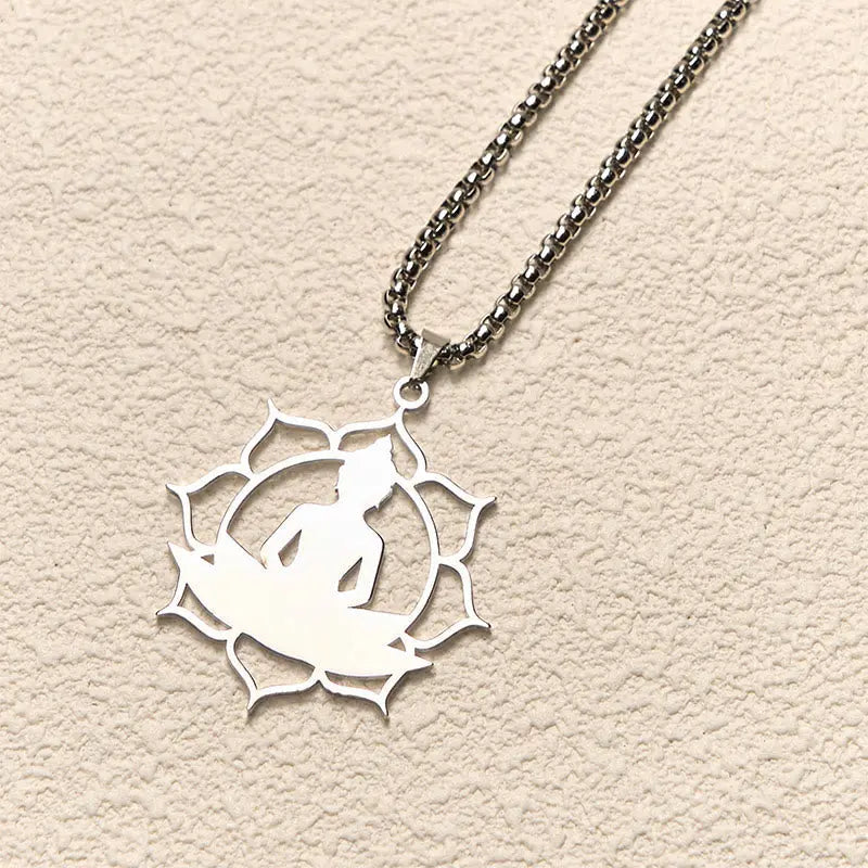 Fortune Jewel Vintage Lotus Sitting Buddha Design Stainless Steel Enlightenment Necklace Pendant Fortune Jewel