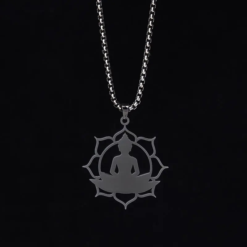 Fortune Jewel Vintage Lotus Sitting Buddha Design Stainless Steel Enlightenment Necklace Pendant Fortune Jewel