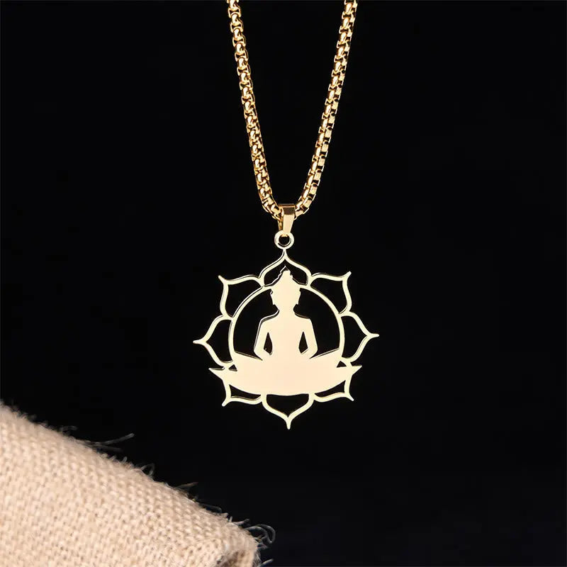 Fortune Jewel Vintage Lotus Sitting Buddha Design Stainless Steel Enlightenment Necklace Pendant Fortune Jewel