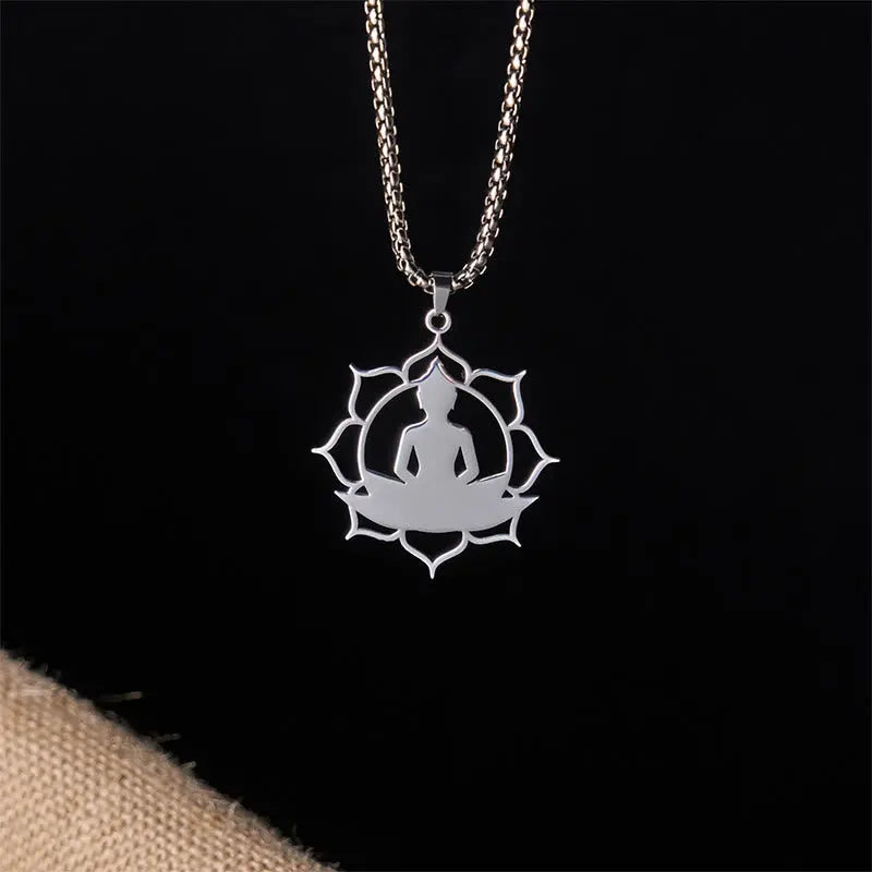 Fortune Jewel Vintage Lotus Sitting Buddha Design Stainless Steel Enlightenment Necklace Pendant Fortune Jewel