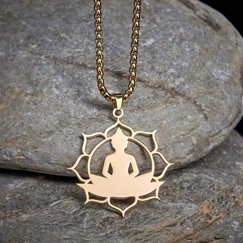Fortune Jewel Vintage Lotus Sitting Buddha Design Stainless Steel Enlightenment Necklace Pendant Fortune Jewel