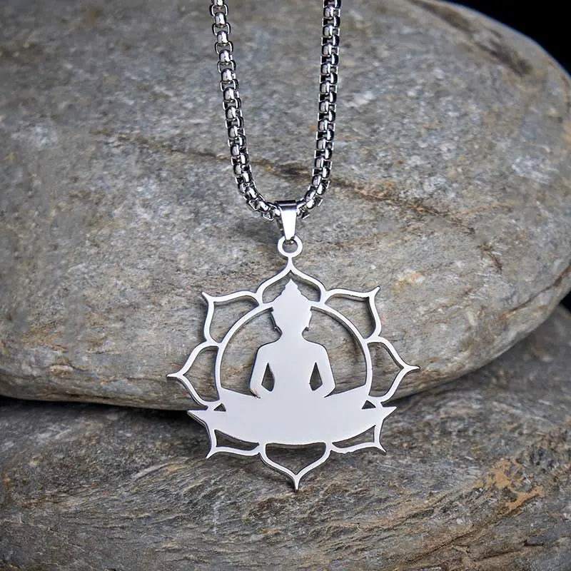 Fortune Jewel Vintage Lotus Sitting Buddha Design Stainless Steel Enlightenment Necklace Pendant Fortune Jewel