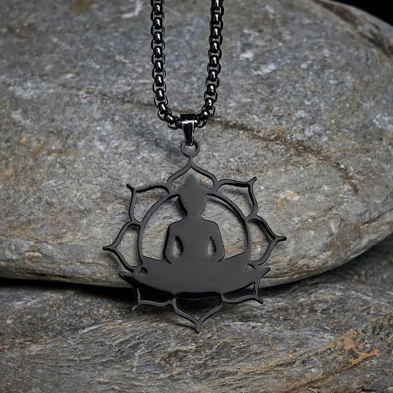Fortune Jewel Vintage Lotus Sitting Buddha Design Stainless Steel Enlightenment Necklace Pendant Fortune Jewel
