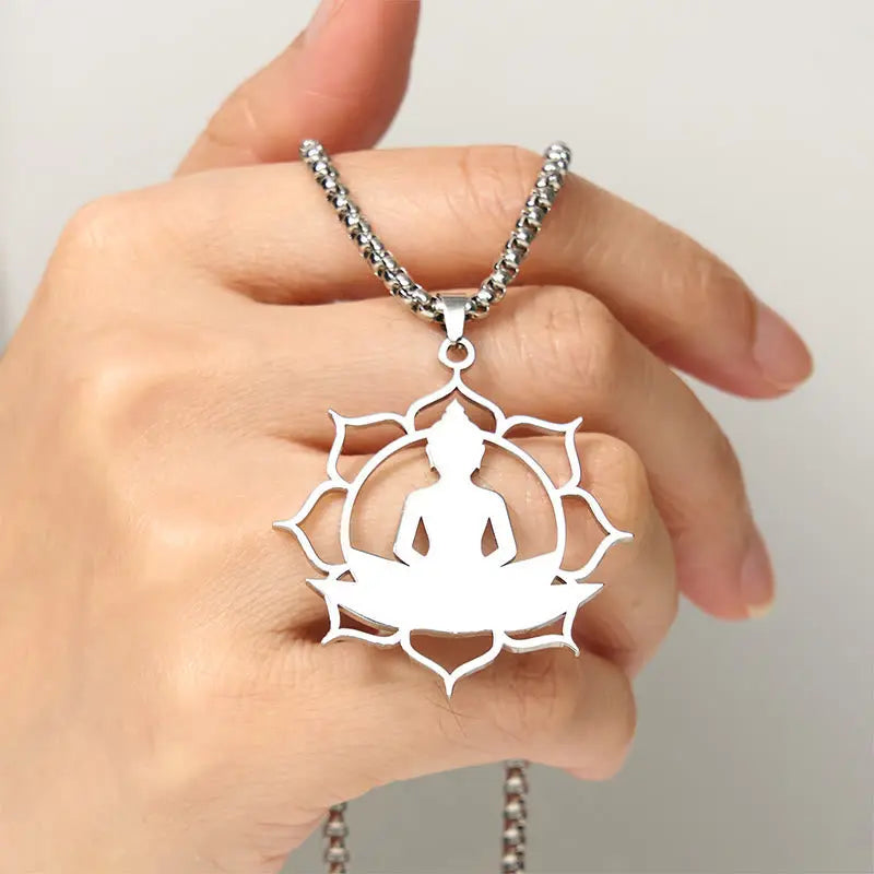 Fortune Jewel Vintage Lotus Sitting Buddha Design Stainless Steel Enlightenment Necklace Pendant Fortune Jewel