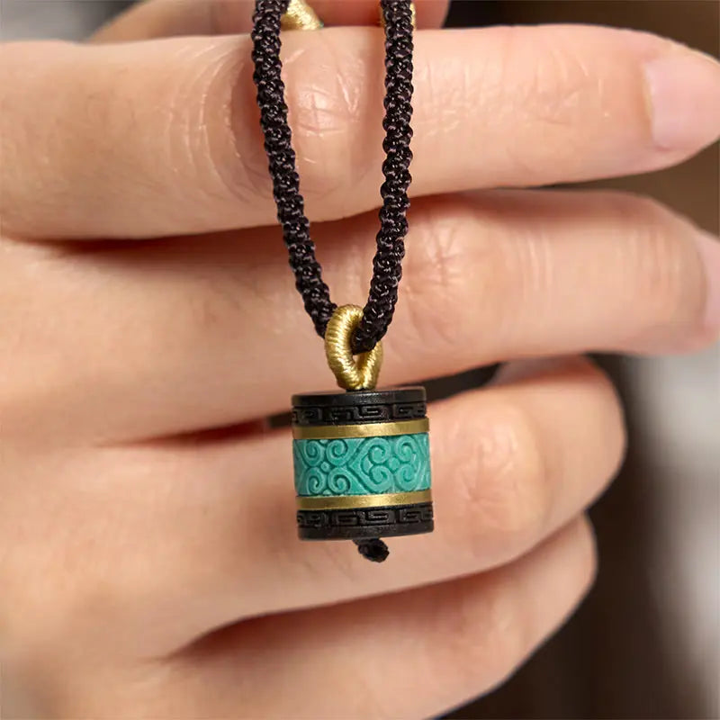 Fortune Jewel Ebony Wood Turquoise Cylinder Peace Necklace Pendant Fortune Jewel