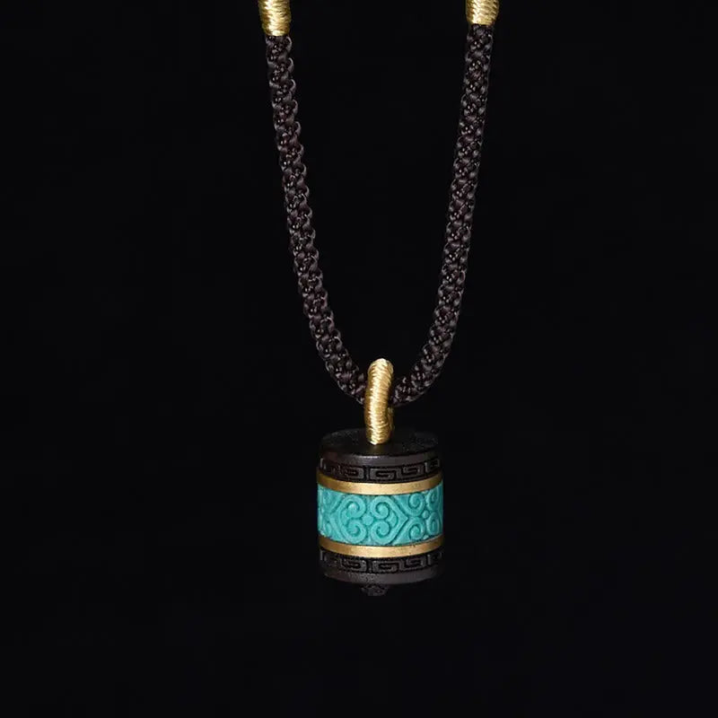 Fortune Jewel Ebony Wood Turquoise Cylinder Peace Necklace Pendant Fortune Jewel