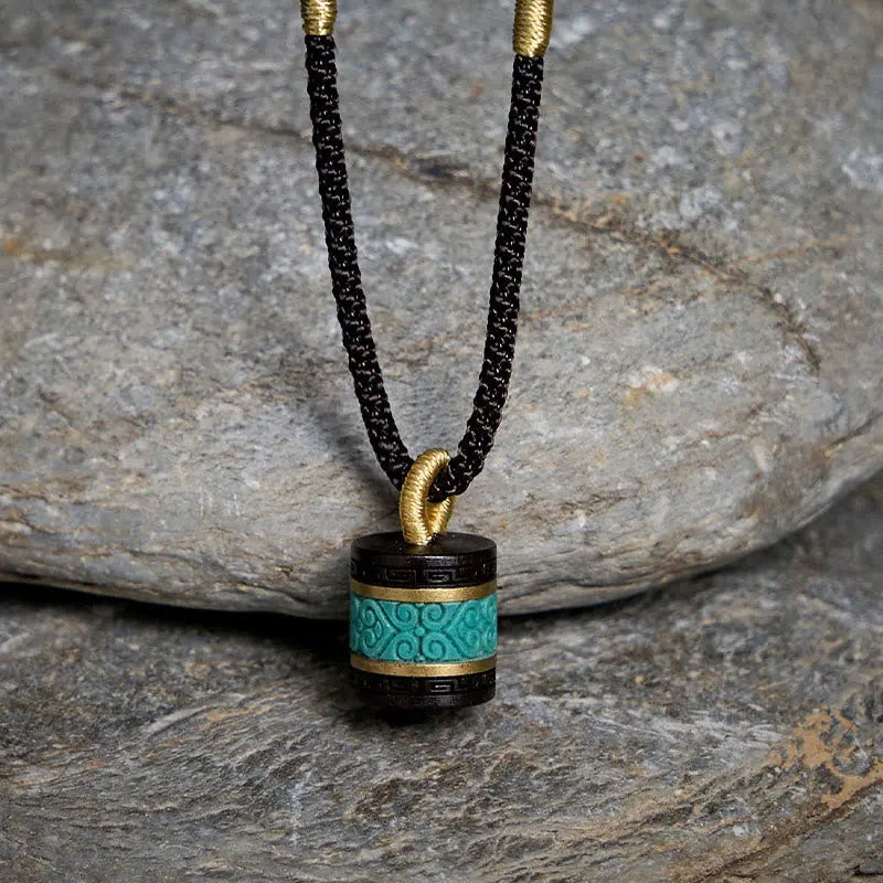 Fortune Jewel Ebony Wood Turquoise Cylinder Peace Necklace Pendant Fortune Jewel