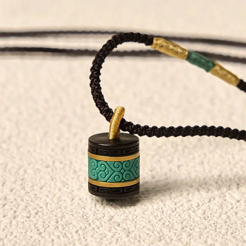 Fortune Jewel Ebony Wood Turquoise Cylinder Peace Necklace Pendant Fortune Jewel