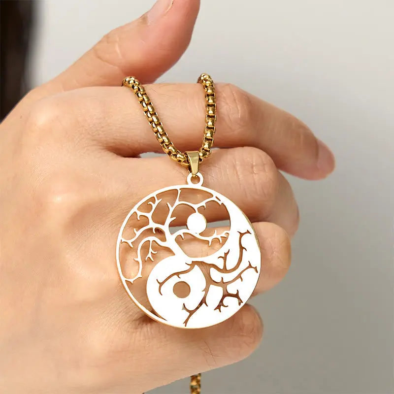 Fortune Jewel Branches Hollow Yin Yang Design Stainless Steel Balance Necklace Pendant Fortune Jewel