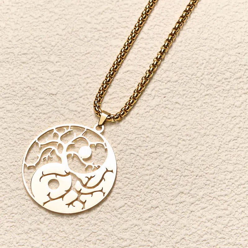 Fortune Jewel Branches Hollow Yin Yang Design Stainless Steel Balance Necklace Pendant Fortune Jewel