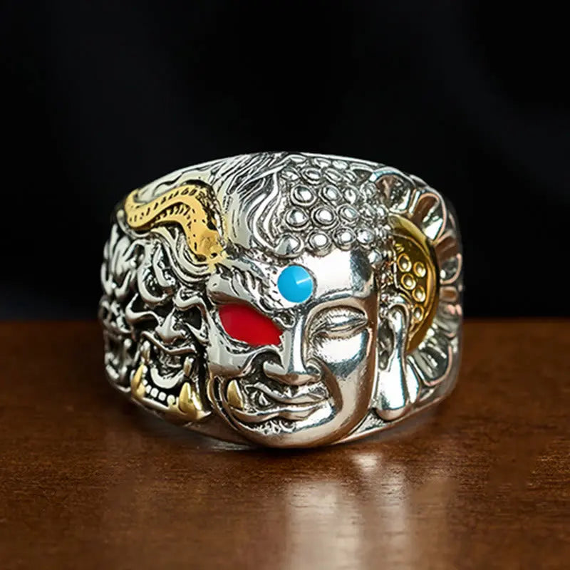 Fortune Jewel Half Demon Half Buddha Lotus Copper Serenity Adjustable Ring Fortune Jewel