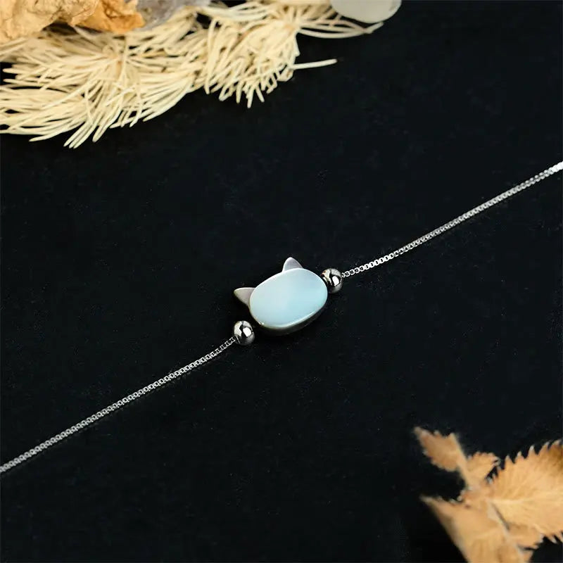 Fortune Jewel 925 Sterling Silver Tridacna Stone Cat Head Blessing Chain Bracelet Fortune Jewel
