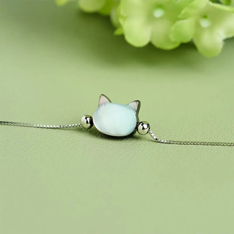 Fortune Jewel 925 Sterling Silver Tridacna Stone Cat Head Blessing Chain Bracelet Fortune Jewel