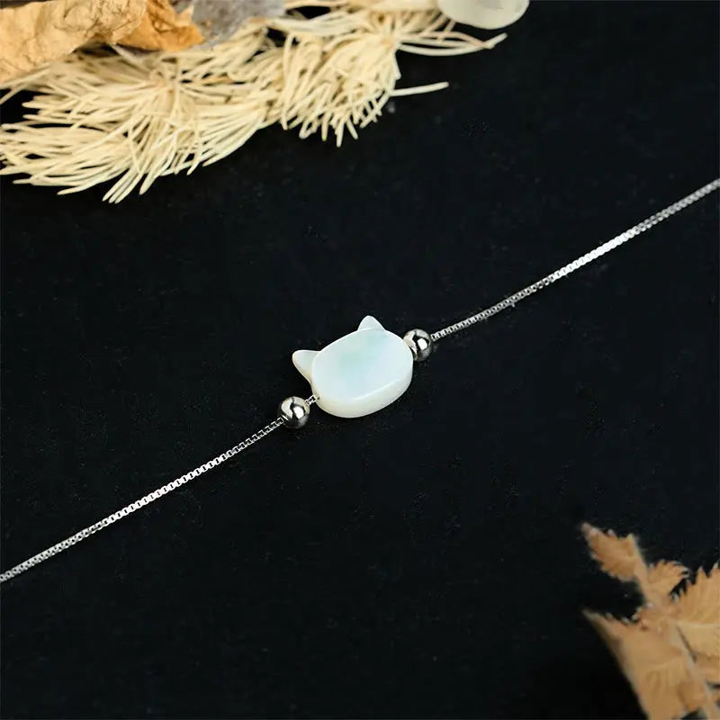 Fortune Jewel 925 Sterling Silver Tridacna Stone Cat Head Blessing Chain Bracelet Fortune Jewel