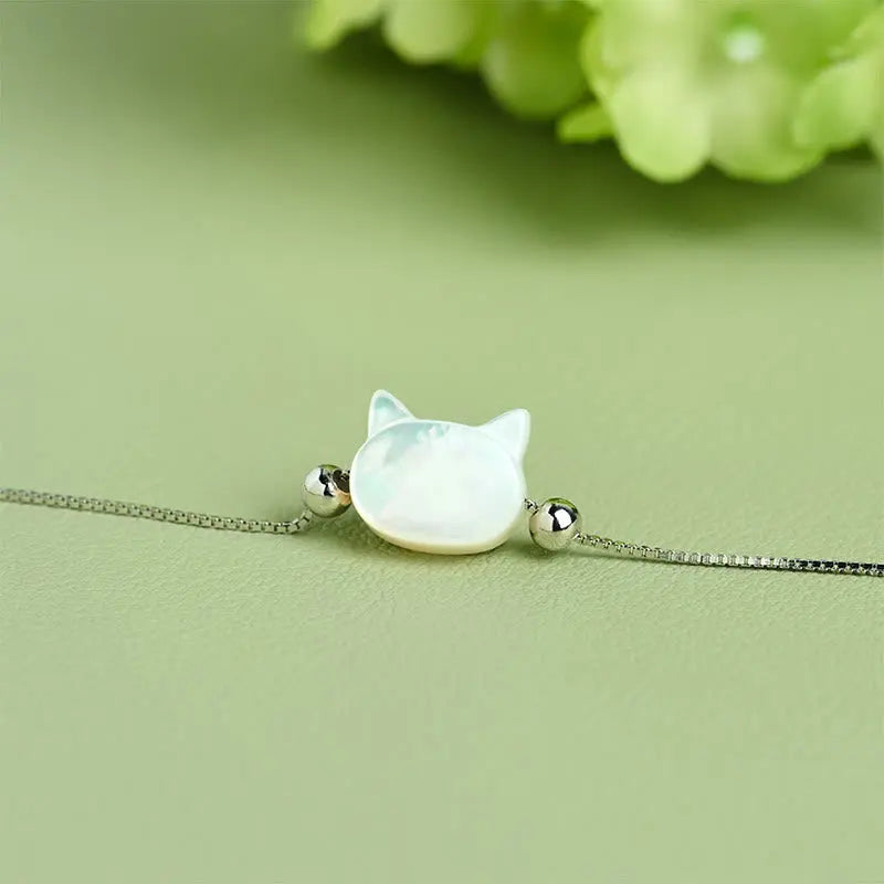 Fortune Jewel 925 Sterling Silver Tridacna Stone Cat Head Blessing Chain Bracelet Fortune Jewel