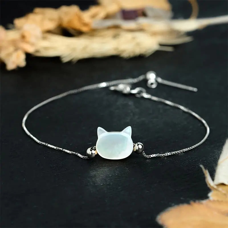 Fortune Jewel 925 Sterling Silver Tridacna Stone Cat Head Blessing Chain Bracelet Fortune Jewel