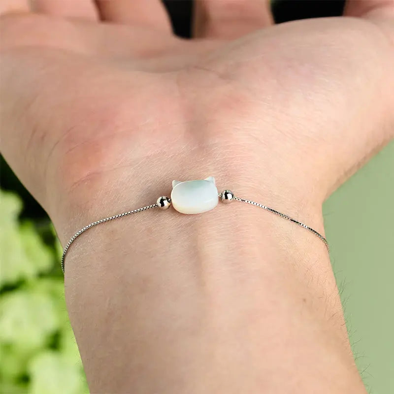 Fortune Jewel 925 Sterling Silver Tridacna Stone Cat Head Blessing Chain Bracelet Fortune Jewel
