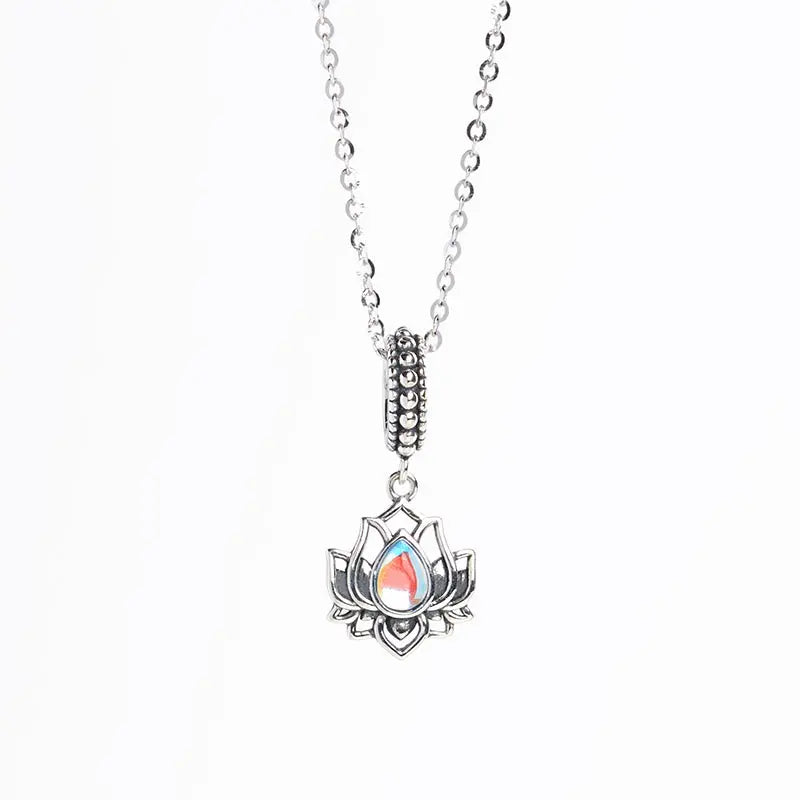 Fortune Jewel 925 Sterling Silver Lotus Design Moonstone Healing Necklace Pendant Fortune Jewel