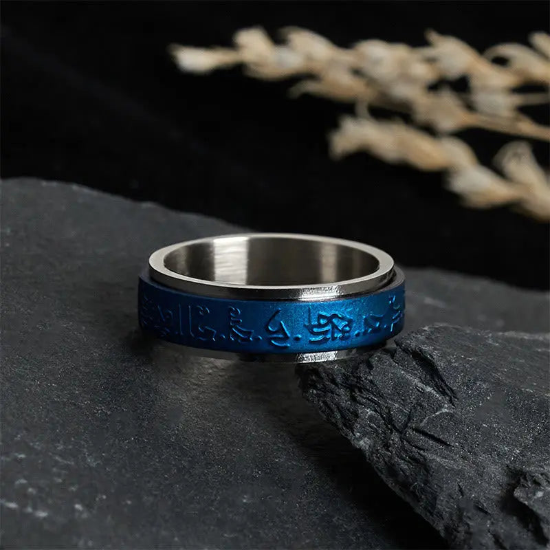 Fortune Jewel Tibetan Scriptures Blue Pharmacist Mantra Titanium Steel Spinner Balance Ring Fortune Jewel