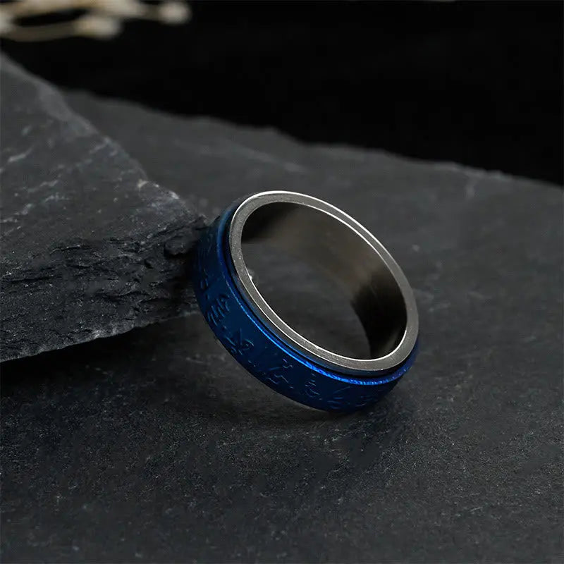 Fortune Jewel Tibetan Scriptures Blue Pharmacist Mantra Titanium Steel Spinner Balance Ring Fortune Jewel