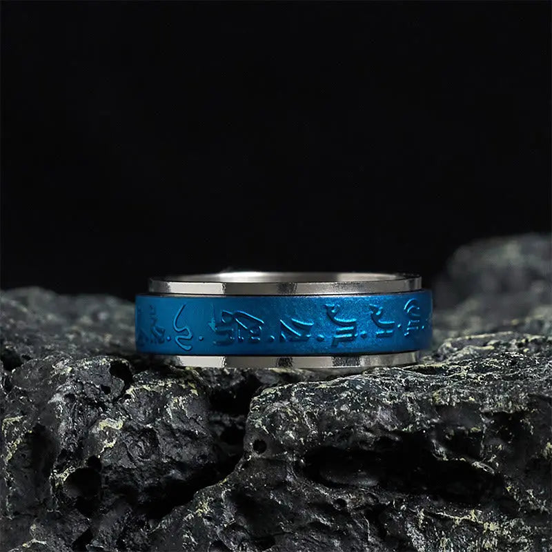 Fortune Jewel Tibetan Scriptures Blue Pharmacist Mantra Titanium Steel Spinner Balance Ring Fortune Jewel