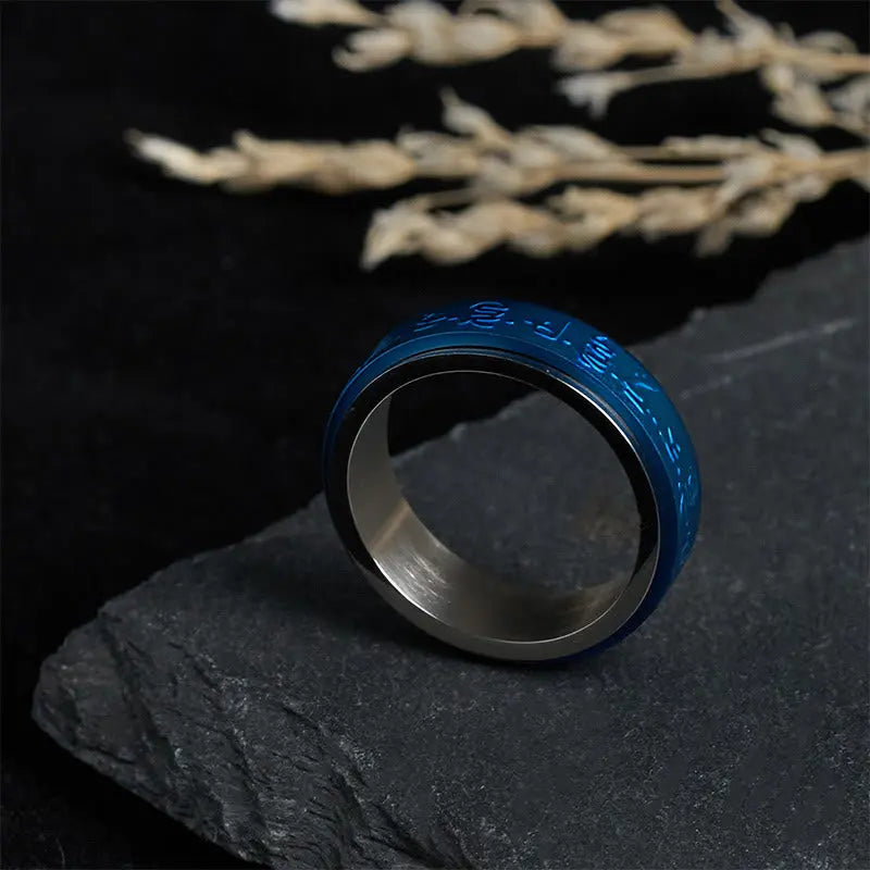 Fortune Jewel Tibetan Scriptures Blue Pharmacist Mantra Titanium Steel Spinner Balance Ring Fortune Jewel