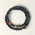 Fortune Jewel Tibetan Black Obsidian Tiger Eye Copper Double Wrap Strength Bracelet Fortune Jewel