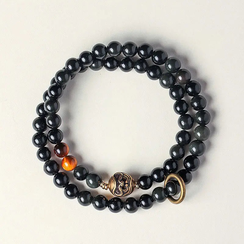 Fortune Jewel Tibetan Black Obsidian Tiger Eye Copper Double Wrap Strength Bracelet Fortune Jewel