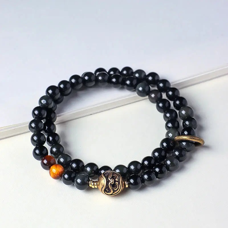 Fortune Jewel Tibetan Black Obsidian Tiger Eye Copper Double Wrap Strength Bracelet Fortune Jewel