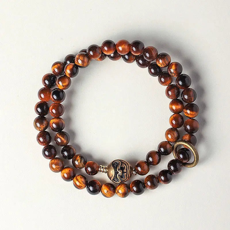 Fortune Jewel Tibetan Black Obsidian Tiger Eye Copper Double Wrap Strength Bracelet Fortune Jewel