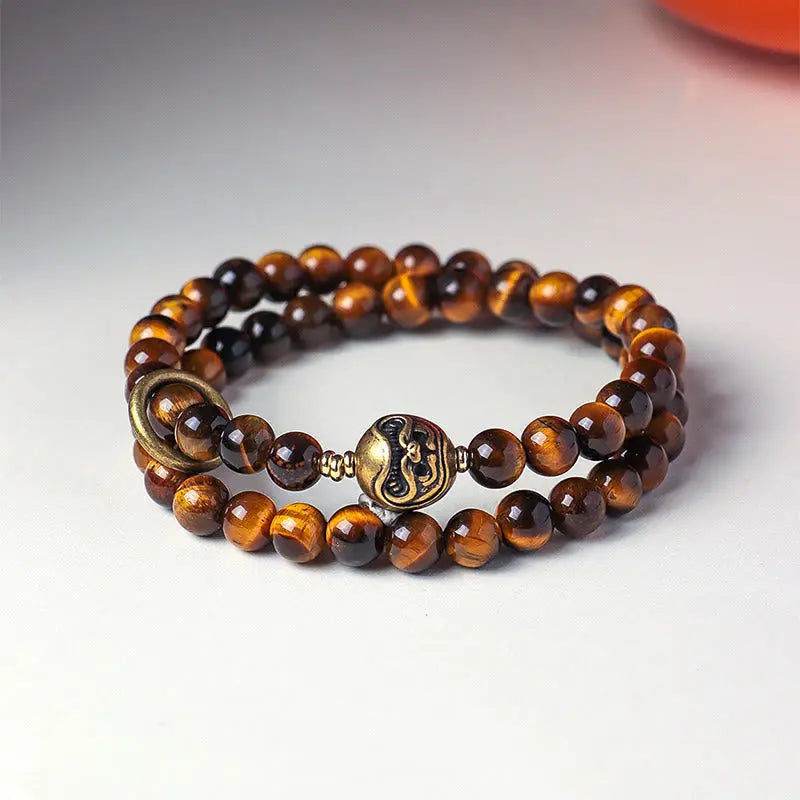 Fortune Jewel Tibetan Black Obsidian Tiger Eye Copper Double Wrap Strength Bracelet Fortune Jewel