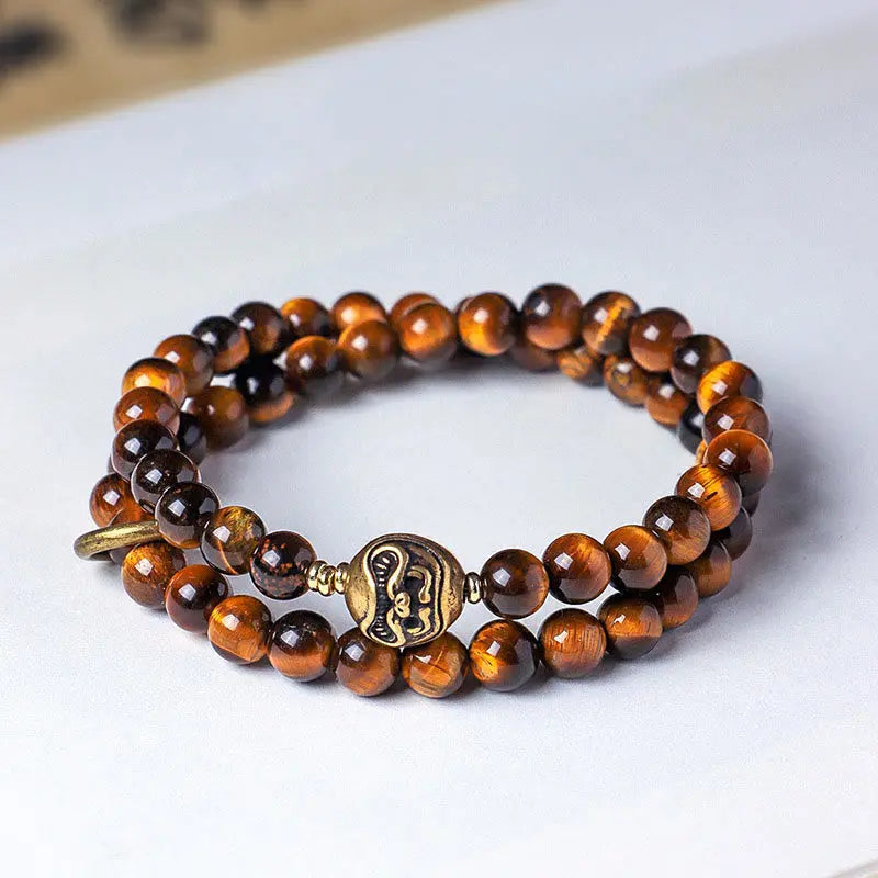 Fortune Jewel Tibetan Black Obsidian Tiger Eye Copper Double Wrap Strength Bracelet Fortune Jewel